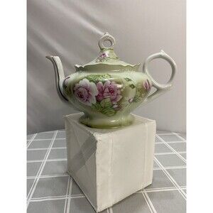 Vintage Lefton Exclusives Japan Green w/ Big Pink Cabbage Roses Musical Tea Pot
